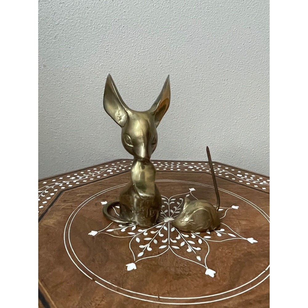 Vintage Set Of 2 Brass Mice Paperweight Big Ears Receipt Holder